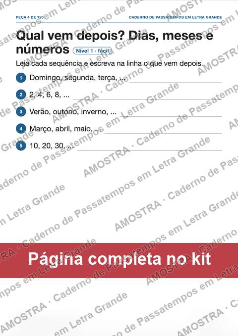 Amostra da página do kit: Qual vem depois? Dias, meses e números